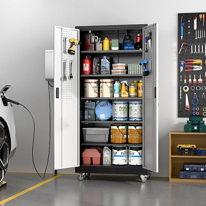 71" H×34" W×18" D Garage Storage Cabinet with Wheels, Lockable Metal Storage Cabinet with 5 Adjustable Shelves for Garage Warehouse Office Utility Room,Required Assembly,Black and Silver