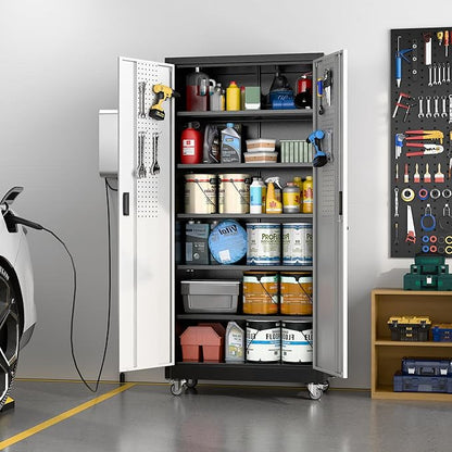 71" H×34" W×18" D Garage Storage Cabinet with Wheels, Lockable Metal Storage Cabinet with 5 Adjustable Shelves for Garage Warehouse Office Utility Room,Required Assembly,Black and Silver