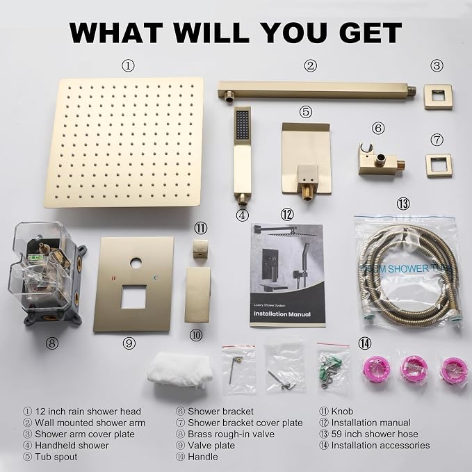 Brushed Gold Shower System with 12-Inch Rain Showerhead and Tub Spout | cUPC-certified pressure balance brass valve to prevent scalding, CEC-certified air injection technology for low pressure