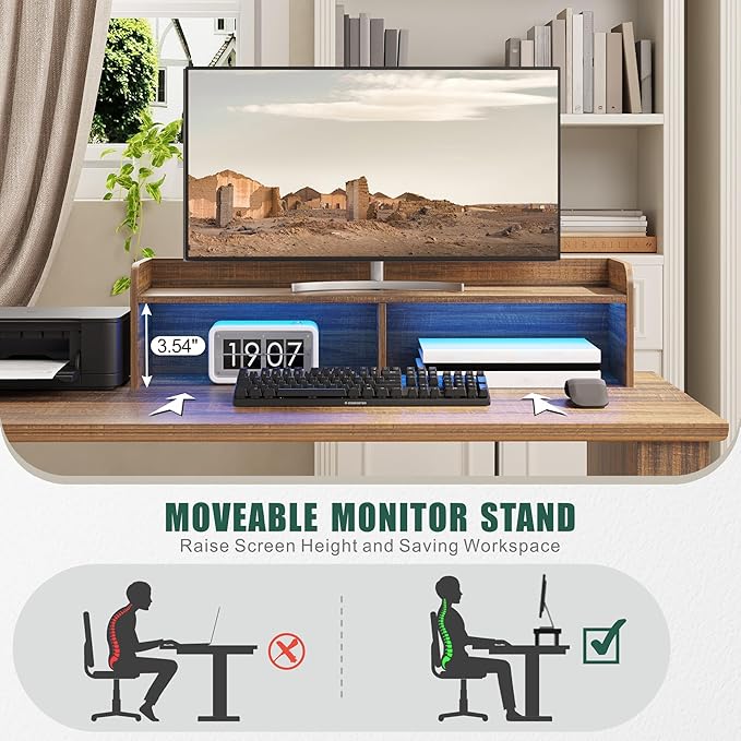 FREDEES L Shaped Desk with Movable Stand and Led Lights, 59 inch Farmhouse Home Office Desk with File Drawer, Corner Computer Desk with Power Outlets, Executive Desk for Working,Gaming, Walnut