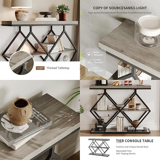 Garvee 3-Tier Entryway Table, Industrial Console Sofa Table with Storage, Accent Table with Open Shelves, Diamond-Shaped Metal Frame, Foyer Table for Entryway, Hallway, Gray