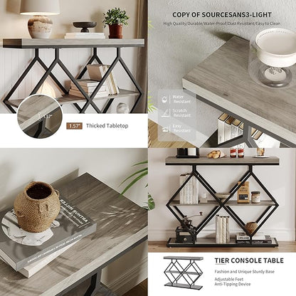 Garvee 3-Tier Entryway Table, Industrial Console Sofa Table with Storage, Accent Table with Open Shelves, Diamond-Shaped Metal Frame, Foyer Table for Entryway, Hallway, Gray