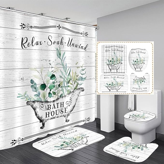 Nkzply 4 Pcs Farmhouse Shower Curtain Rustic Bathroom Sets with Shower Curtain and Rugs Floral Shower Curtain Set Green Leaves Bathroom Decor Vintage Bathroom Rugs Set Toilet Lid Cover Hooks