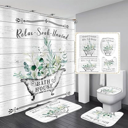 Nkzply 4 Pcs Farmhouse Shower Curtain Rustic Bathroom Sets with Shower Curtain and Rugs Floral Shower Curtain Set Green Leaves Bathroom Decor Vintage Bathroom Rugs Set Toilet Lid Cover Hooks