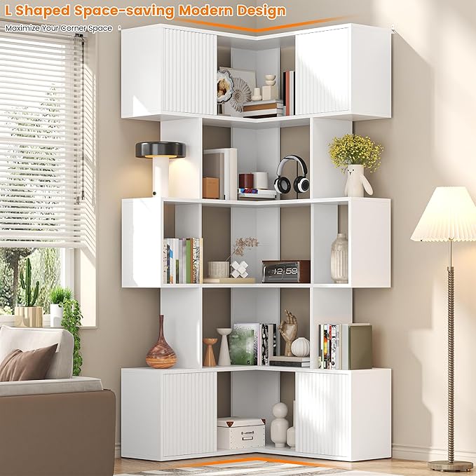 Semoic 71 inch Corner Bookshelf, 5 Tier Storage Bookcase, L-Shaped Cube Bookshelf, Wood Modern Book Shelf Organizer for Living Room/Home Office/Bedroom Display Unit, White