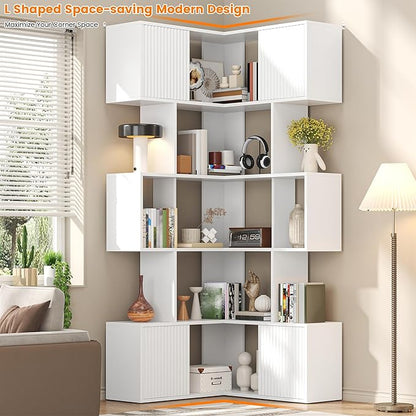 Semoic 71 inch Corner Bookshelf, 5 Tier Storage Bookcase, L-Shaped Cube Bookshelf, Wood Modern Book Shelf Organizer for Living Room/Home Office/Bedroom Display Unit, White