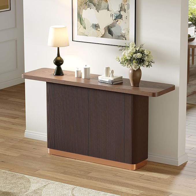 Merax Entryway Console Table, Modern Hallway Table with Ash Veneer Top and Fluted Base, Vertical Stripes & Metal Accent Sofa Table for Living Room