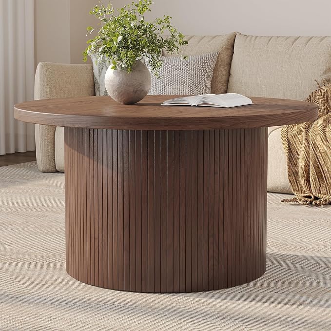 31.5" Round Coffee Table, Mid Century Modern Fluted Tambour Coffee Table, Engineered Wood Small Circle Center Table, Drum Accent Modern Living Room Table, Walnut