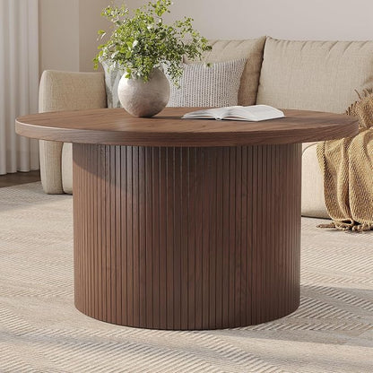 31.5" Round Coffee Table, Mid Century Modern Fluted Tambour Coffee Table, Engineered Wood Small Circle Center Table, Drum Accent Modern Living Room Table, Walnut