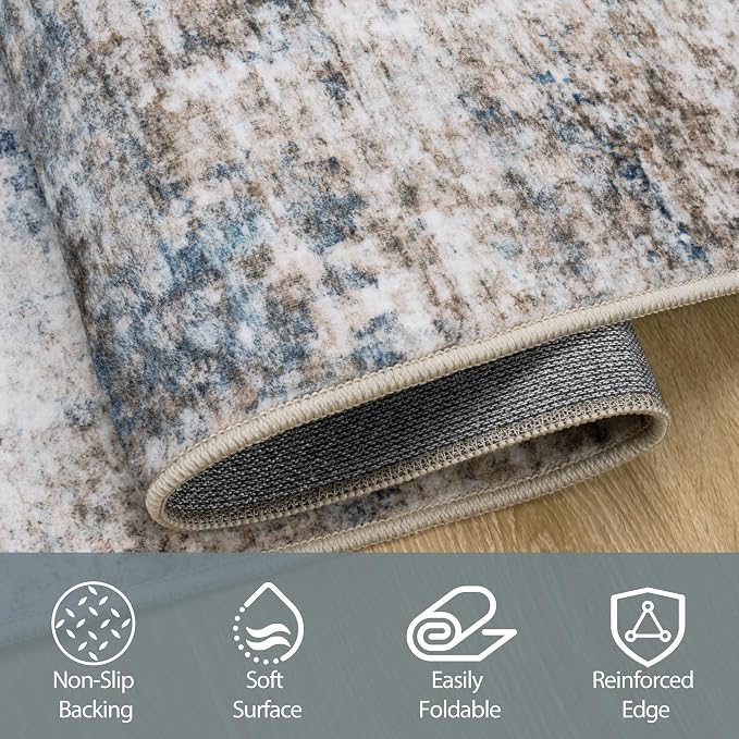 5x7 Area Rugs for Living Room Rug Washable: Abstract Rug for Dining Room Bedroom Carpet Non Slip 5 by 7 Indoor Modern Nursery Home Office White Brown Blue