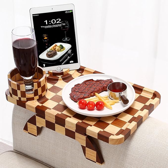 Nnewvante Couch Armrest Tray,3 in 1 Large 15.36"x9.85" Rubberwood Sofa Arm Cup Holder Clip on Side Table with 360°Rotated Phone/Drink Holder
