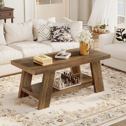 Tohomeor 47.24" Coffee Table for Living Room, Farmhouse Solid Wood Coffee Table with Storage, Rectangle Rustic Accent Center Table with for Home Apartment Office, Retro Brown