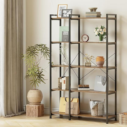 Tohomeor Bookshelf 5 Tier Deformable Corner Bookcase Free Standing Modern Industrial Book Storage Display Book Shelf for Bedroom Living Room Study Room Office (Brown)