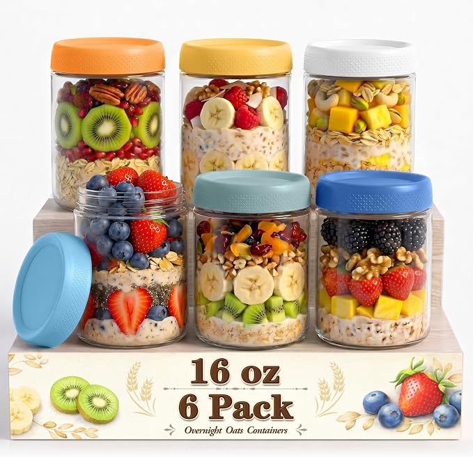 6 Pack Overnight Oats Containers with Lids, Mason Jars 16 oz with Lids, Reusable Glass Jars, Parfait Cups with Lid for Yogurt, Chia, Pudding, Snack, Food, Spice, Breakfast, Salad, Sugar