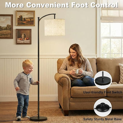 Floor Lamp, LED Floor Lamp with Foot Switch & Adjustable Linen Lampshade, Tall Modern ARC Standing Lamps for Living Room Office Bedroom (9W Replaceable Blub)
