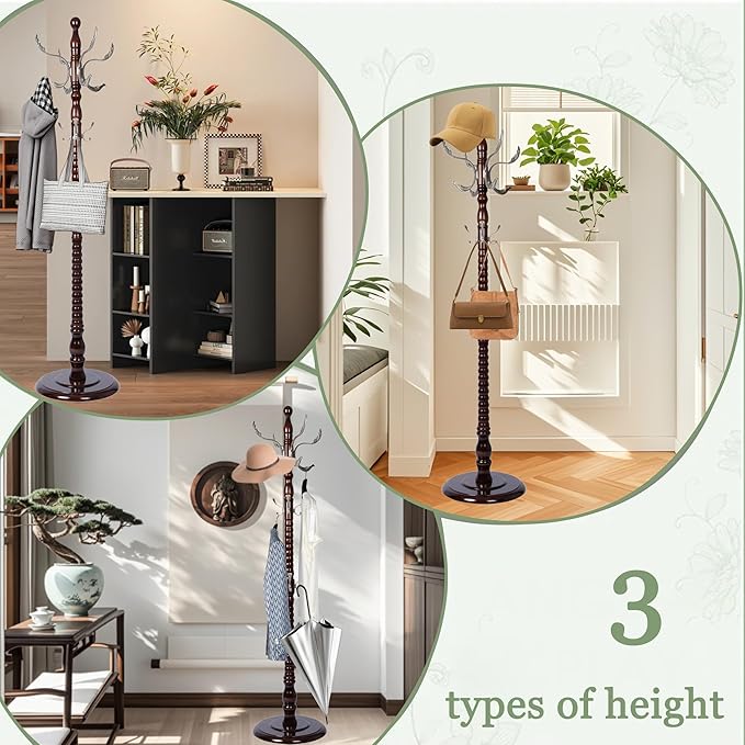 Coat Rack Freestanding,Solid Wooden Coat Rack Stand with 3 Height Options,14 Hooks, Natural Birch Coat Tree Easy to assemble for Clothes Jacket Hat bag Entryway (mahogany) (Nostalgic)