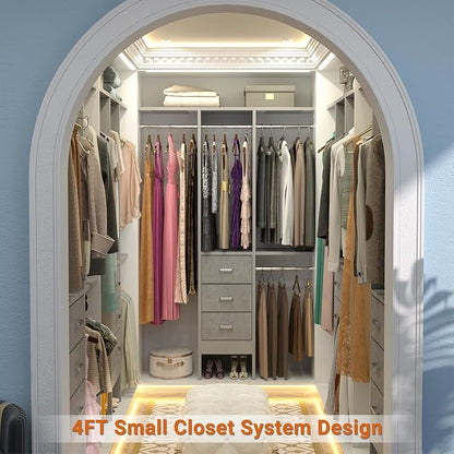 Besiost 4FT Small Closet System with 3 Fabric Drawers, 48'' Closet Organizer System With 3 Adjustable Shelves, Flexible Built-In Clothes Garment Rack for Small Space, 48" L x 13" W x 71" H, Grey