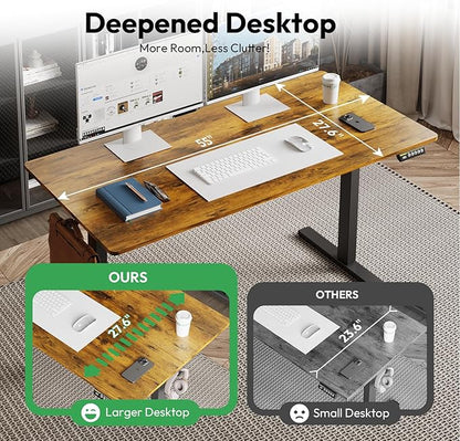 Large Electric Standing Desk,55x28 Inches Adjustable Height Stand up Desk, Sit Stand Home Office Desk, 3 Preset Heights,Equipped with Hooks,Ergonomic Computer Desk Workstation，Brown