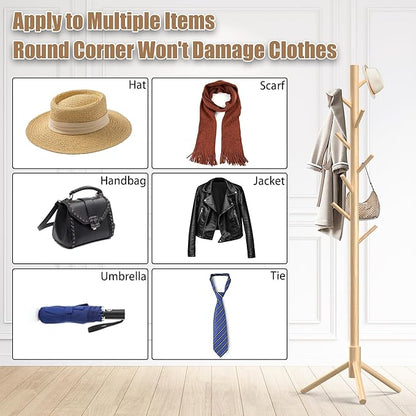 Wooden Coat Rack Stand, Freestanding Coat Rack with 8 Hooks, 3 Adjustable Size Coat Tree for Hats, Coats, Scarves bags, Coat Hanger Stand Used in Bedroom/Office/Entryway,2 PCS (Natural)