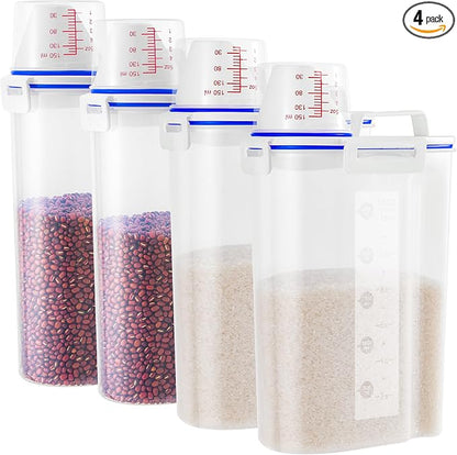 4 Pcs Set Rice Storage Container 5.5lb, Rice Dispenser with Measuring Cup & Pour Spout for Flour Pasta Grain Pet Dog Cat Bird Food Storage Container