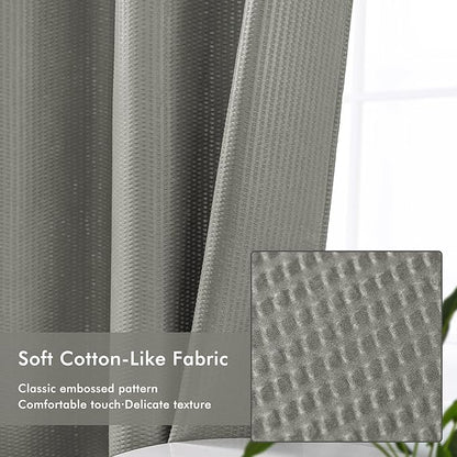 Mrs Awesome No Hook Shower Curtain with Snap-in LinerLess Time On/Off, Embossed Waffle-Look Textured Fabric Shower Curtain for Bathroom, Soft & Lightweight, 71x74, Gray