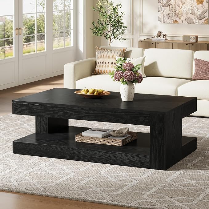 Tribesigns Coffee Table for Living Room, 47.24 Inch Farmhouse 2-Tier Accent Center Tea Cocktail Table with Storage, Rectangle, Black