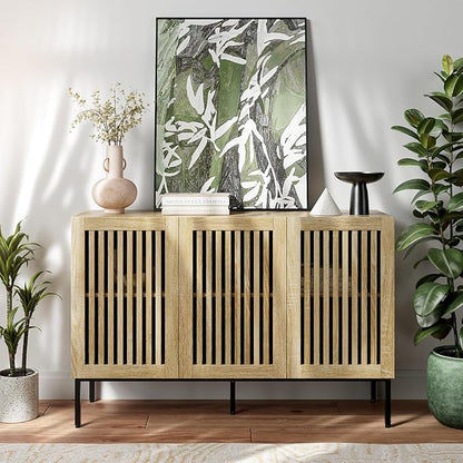 Buffet Cabinet with Storage,47" Farmhouse Console Table with Metal Base and Adjustable Shelves,Sideboard Coffee Bar Cabinet with 3 Doors for Kitchen,Dining Room,Living Room,Oak