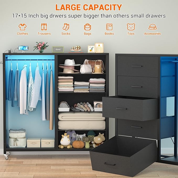 Cyclysio Dresser for Bedroom with Clothes Rack & Mirror, 5 Fabric Drawers Dresser with Charging Station & LED Lights, Rolling Chest of Drawers with Wheels, Full Length Mirror, Wooden Top, Closet