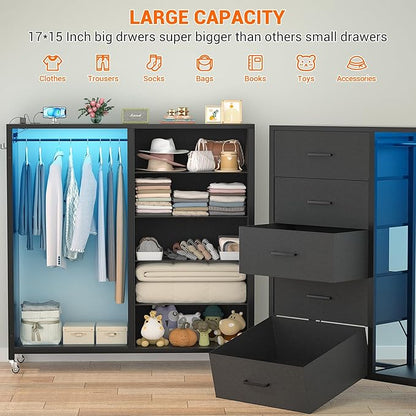 Cyclysio Dresser for Bedroom with Clothes Rack & Mirror, 5 Fabric Drawers Dresser with Charging Station & LED Lights, Rolling Chest of Drawers with Wheels, Full Length Mirror, Wooden Top, Closet