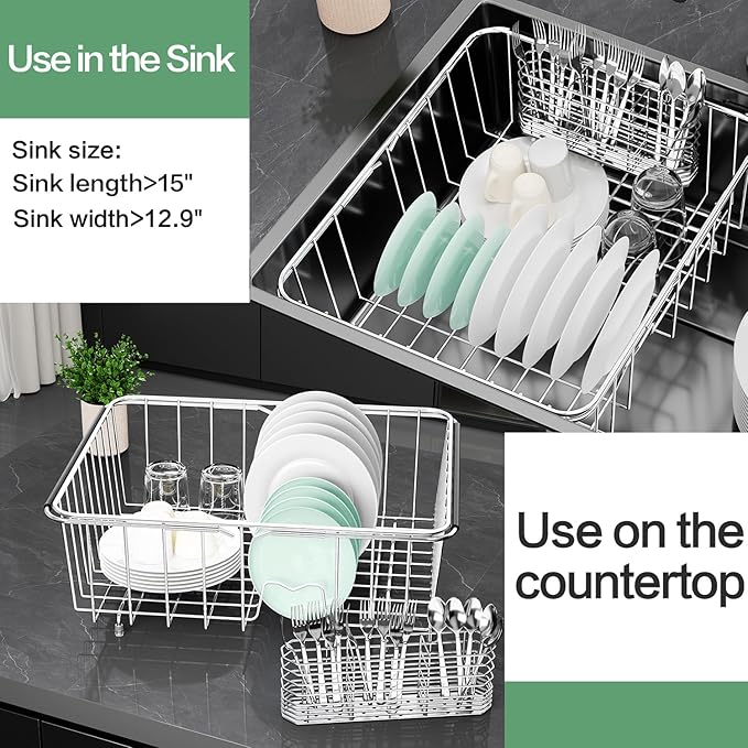 Large Sink Dish Drying Rack, Expandable 304 Stainless Steel Metal Dish Drainer Rack Organizer Shelves with Stainless Steel Utensil Holder Over Inside Sink, Rustproof