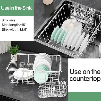 Large Sink Dish Drying Rack, Expandable 304 Stainless Steel Metal Dish Drainer Rack Organizer Shelves with Stainless Steel Utensil Holder Over Inside Sink, Rustproof