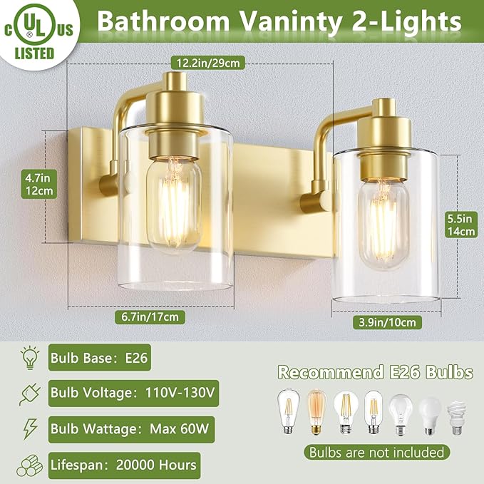 Gold Bathroom Light Fixtures,2-Light Bathroom Lights Over Mirror with Clear Glass Shade,Gold Light Fxiture Wall Sconces for Kitchen Living Room Bedroom