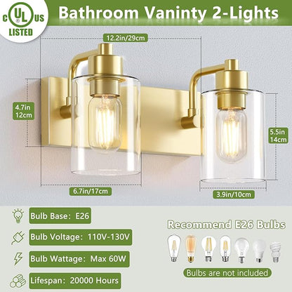 Gold Bathroom Light Fixtures,2-Light Bathroom Lights Over Mirror with Clear Glass Shade,Gold Light Fxiture Wall Sconces for Kitchen Living Room Bedroom