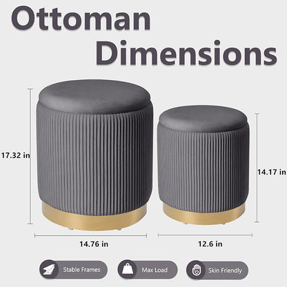 Royal Windsor Round Ottoman with Storage Set of 2, Vanity Stool with Storage for Bedroom, Ottoman Coffee Table Gold-Tone Ring Around the Base, Small Velvet Foot Stool for Living Room, Grey
