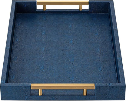 Navy Blue Faux Leather Serving Tray with Handles – Large Decorative Tray for Coffee Table, Ottoman, Living Room, Bathroom – Home Decor