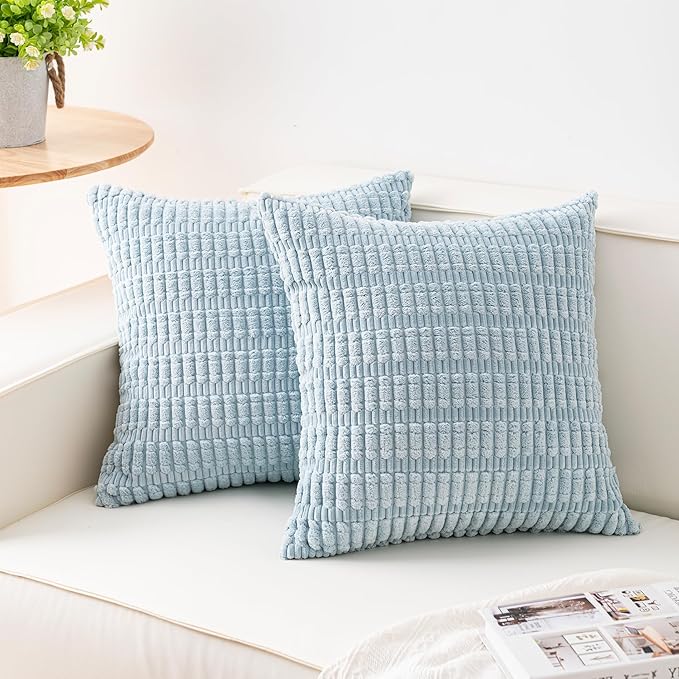 Aegero Pack of 2 Corduroy Decorative Throw Pillow Covers 18x18 InchSoft Striped Pillow Covers Modern Farmhouse Home Decor for Sofa Living Room Couch Bed（Sky Blue）