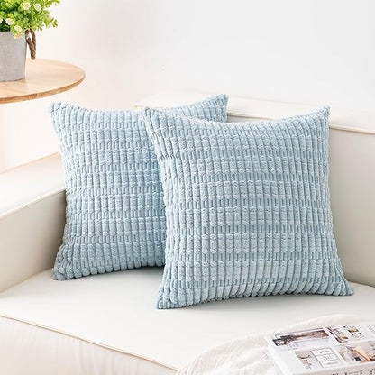 Aegero Pack of 2 Corduroy Decorative Throw Pillow Covers 18x18 InchSoft Striped Pillow Covers Modern Farmhouse Home Decor for Sofa Living Room Couch Bed（Sky Blue）