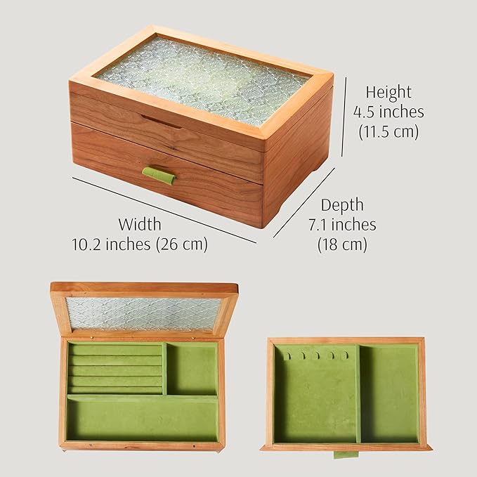 Wooden Jewelry Box, Large Size Case, Natural Solid Cherry Wood Vintage Trinket Organizer with 2-Layer Storage, Drawer, Ring Compartments, Necklace Hooks, Glass Lid, ek06-b-cherry