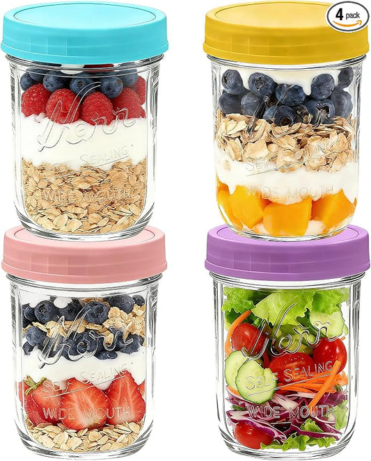 4-Pack 16oz Overnight Oats Containers with Lids, Chia Seed Pudding Jars Yogurt Containers with Lids, Wide Mouth Glass Mason Jars with Airtight Lids, Glass Meal Prep Food Storage Containers