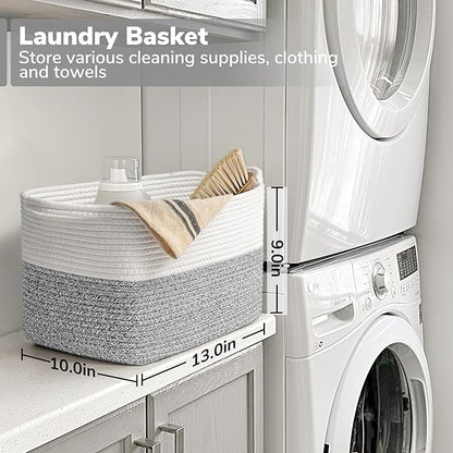 Goodpick Woven Storage Basket, Cotton Rope Baskets for Organizing, Closet Storage Bins with Handles, Small Laundry Basket for Clothes, Towels and Shoes, 13''x10''x9'', Gray and White