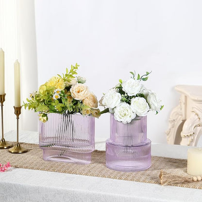 Purple Glass Vases, Set of 2 Ribbed Vases for Flowers, Purple Vase for Tulips, Modern Glass Vase for Living Room, Dining Table, Office, Entryway, Mantle, Bookshelf, Wedding Gifts