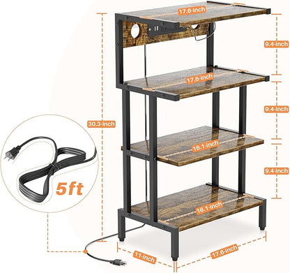 Aquzee Video Game Console Shelf, Stereo Racks - Media Stand with Outlet & Led Strip Light, 4-Tier Gaming Shelf for PS4 PS5 Xbox Games Organizer, Small Entertainment Center, AV Media Stand for CD DVD
