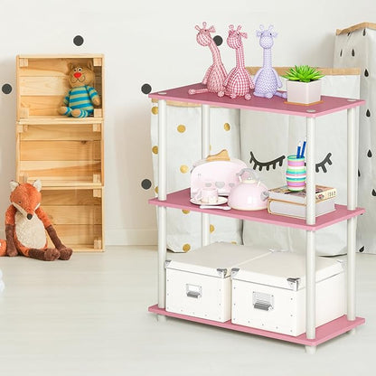 Furinno TURN-N-TUBE Storage Shelves, 3-Tier Book Shelf, Corner Shelf, Toolless Open Shelves, for Organization and Storage, Living Room, Garage, Home Office, Pink