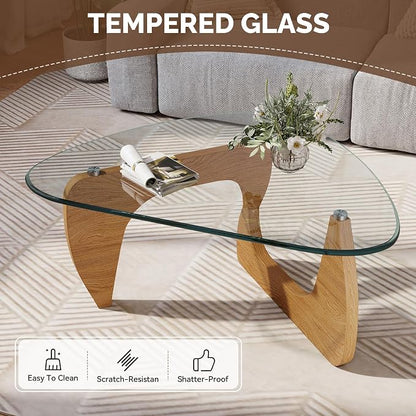 Modern Glass Coffee Table, Triangle Center Table with Tempered Glass Top& Unique Wooden Base, 42.5” Mid Century Tea Tables for Living Room, Apartment, Office,Wood &Transparent