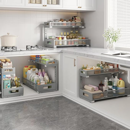 2 Pack 19IN Depth Under Sink Storage Organizer, Large 2-Tier Elegant Mesh Pull Out Shelf for Kitchen and Bathroom Cabinet Organization, L-Shaped and Adjustable Height Design-Gun Gray