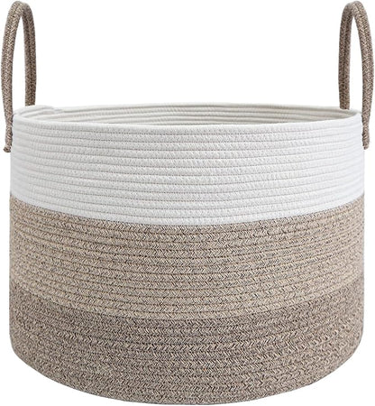 JMvicyroam 115L Extra Large Blanket Basket for Living Room - Woven Cotton Rope Laundry Hamper with Reinforced Handles - Storage Bin for Pillows, Comforters & Toys - Machine Washable,White&Brown Mix