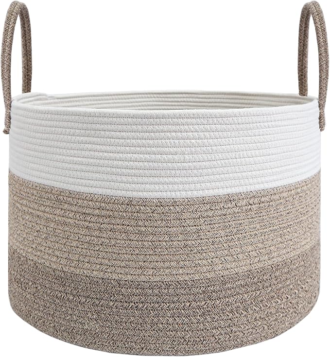 JMvicyroam 65L Extra Large Blanket Basket for Living Room - Woven Cotton Rope Laundry Hamper with Reinforced Handles - Storage Bin for Pillows, Comforters & Toys - Machine Washable,White&Brown Mix