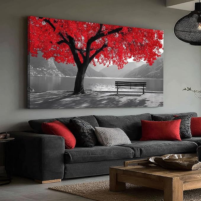 Tarfupth Black and White Red Large Tree of Life Wall Art for Living Room Mountain Artwork Landscape Lake Pictures for Bedroom Office Home Decor Modern Canvas Prints 29"x58"