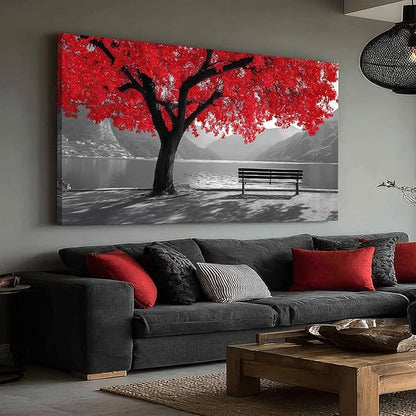 Tarfupth Black and White Red Large Tree of Life Wall Art for Living Room Mountain Artwork Landscape Lake Pictures for Bedroom Office Home Decor Modern Canvas Prints 29"x58"