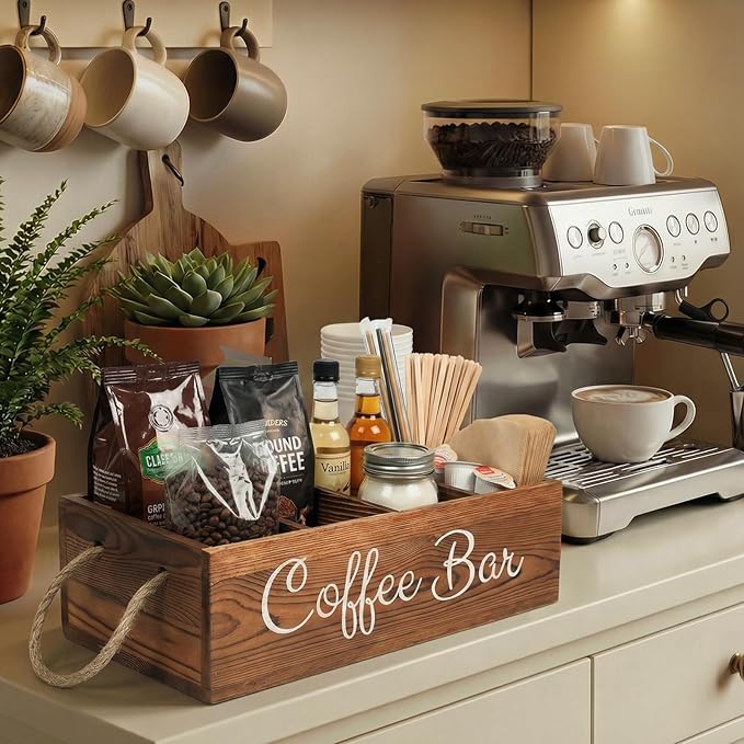 QUALLON Coffee Station Organizer with Small Removable Dividers, Wooden Coffee Bar Accessories Storage For Countertop, Farmhouse Kcup Coffee Pod Holder Basket With Handle For Coffee Lover